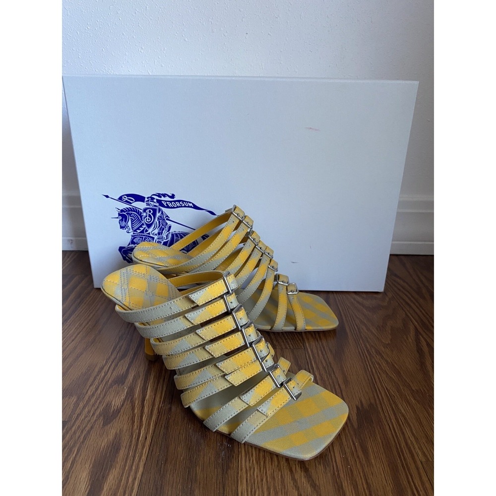 Burberry Prorsum‎ Yellow Grey Check Multi-Strap Buckle Mules Kitten Heel 35.5